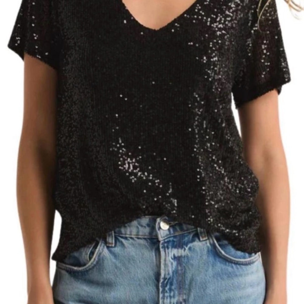 Velvet Black Sequin Short Sleeve Top